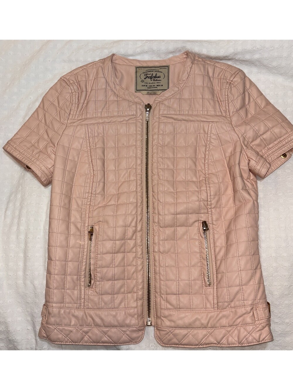 ZARA Quilted Faux Leather Short Sleeve Zip Light Pink Quilted Jacket EUC Sz M